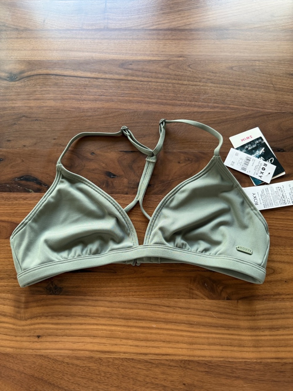 Roxy Sage Green Ribbed Triangle Bralette Bikini Top
